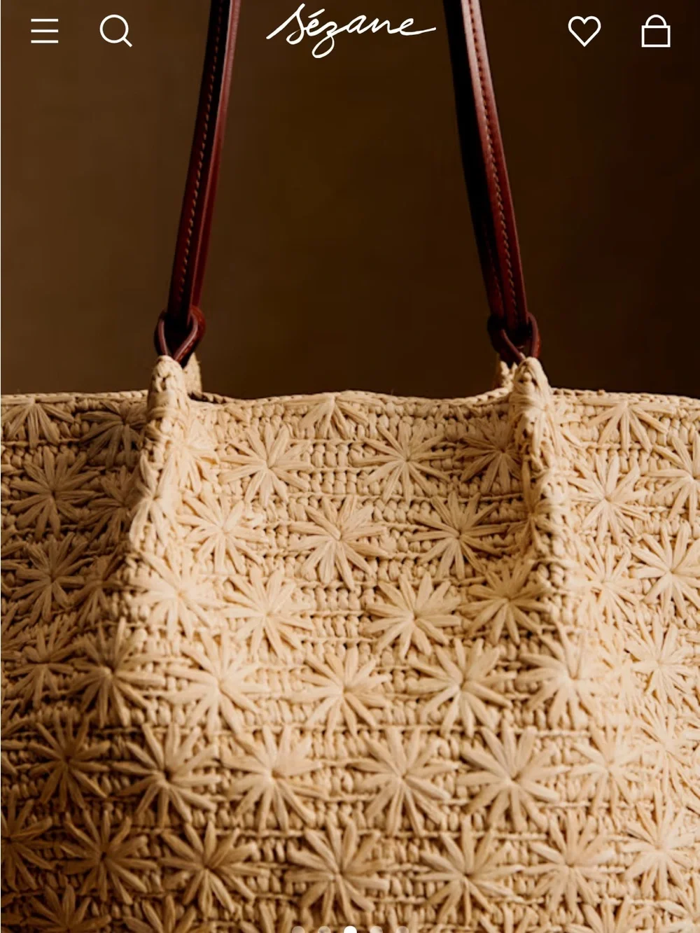 Sezane MARA BASKET in NATURAL RAFFIA EMBROIDERY tote Bag/Brown Leather Handles